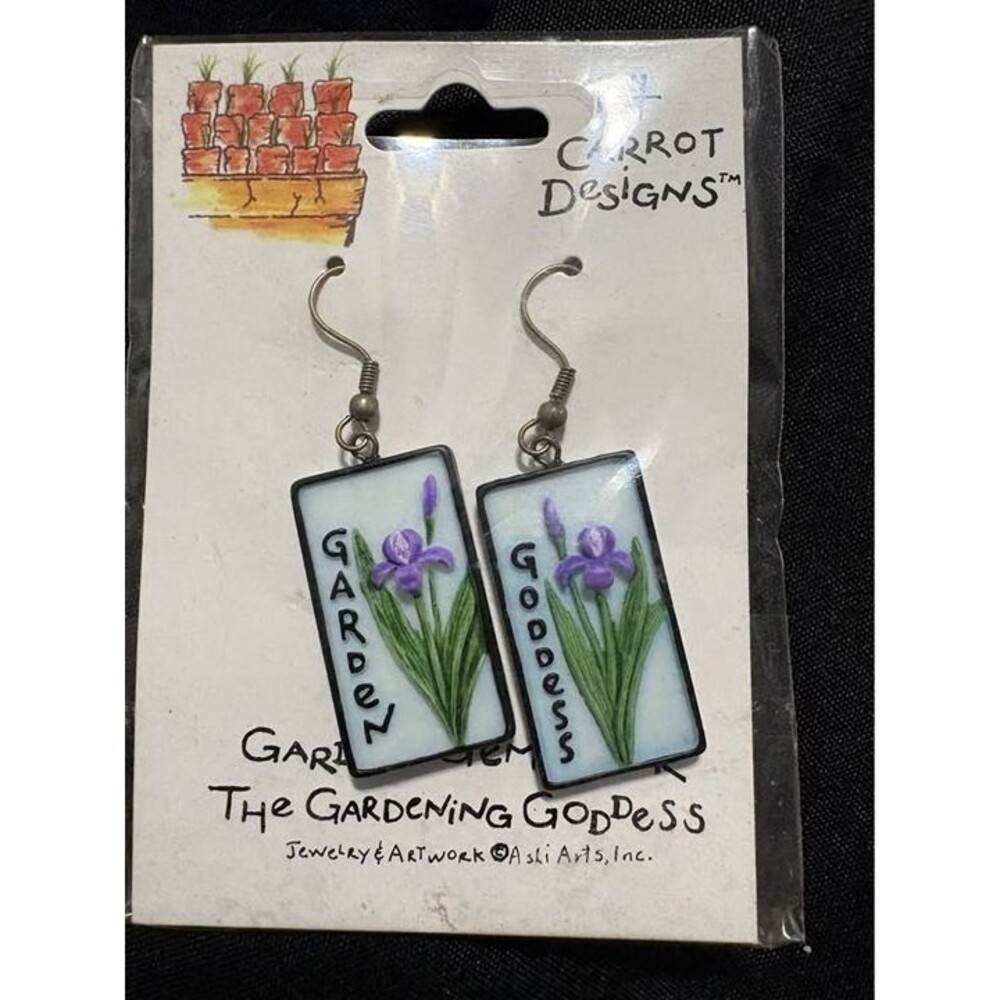 Garden Goddess" dangle earrings featuring hand-painted purple iris design
